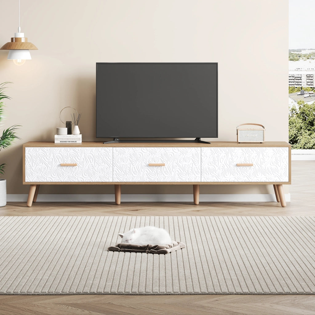 Mobile TV vintage 150 cm con 3 cassetti, finitura legno chiaro e dettagli bianchi
