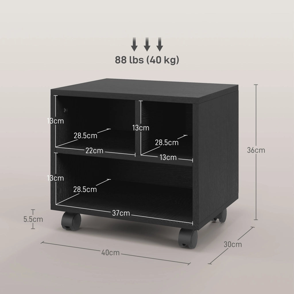 Mobile Porta Stampante a 2 Livelli con 3 Scomparti e Ruote per Ufficio e Studio 40x30x36 cm in Truciolato Nero