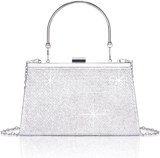 Clutch in Argento con Catena Rimovibile e Pailletten, Borsa a Tracolla Elegante per Donne (20 x 5 x 13 cm)
