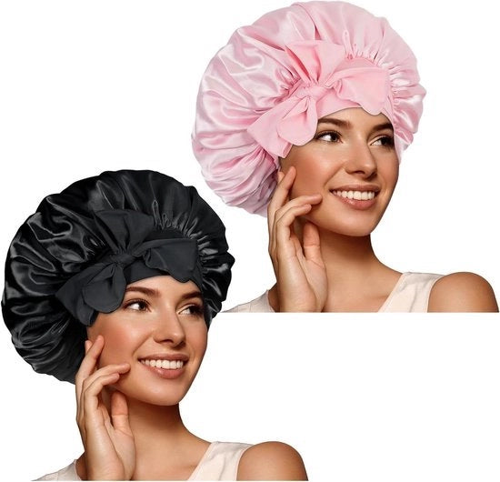 Muffa per capelli in seta - Adattabile - Berretto da notte per donne con capelli lunghi e ricci - Protezione capelli - Liscio e respirabile - Nero e Rosa.