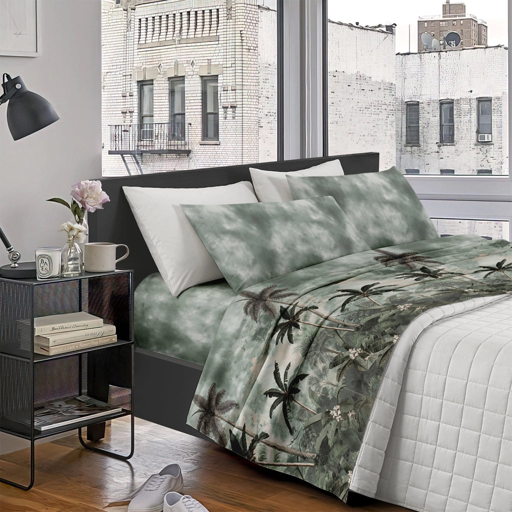 Completo Letto Lenzuola Matrimoniale,100% Cotone, Set letto, Lenzuolo Sopra, Sotto e Federe 2 Piazze Oasi Verde