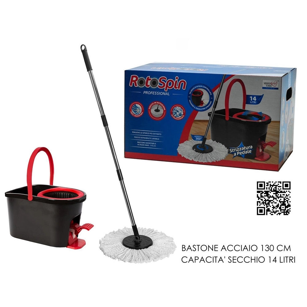 Trade Shop - Mocio Professionale Con Secchio 14lt Strizzatura Rotante 360° A Pedale Manico Telescopico -