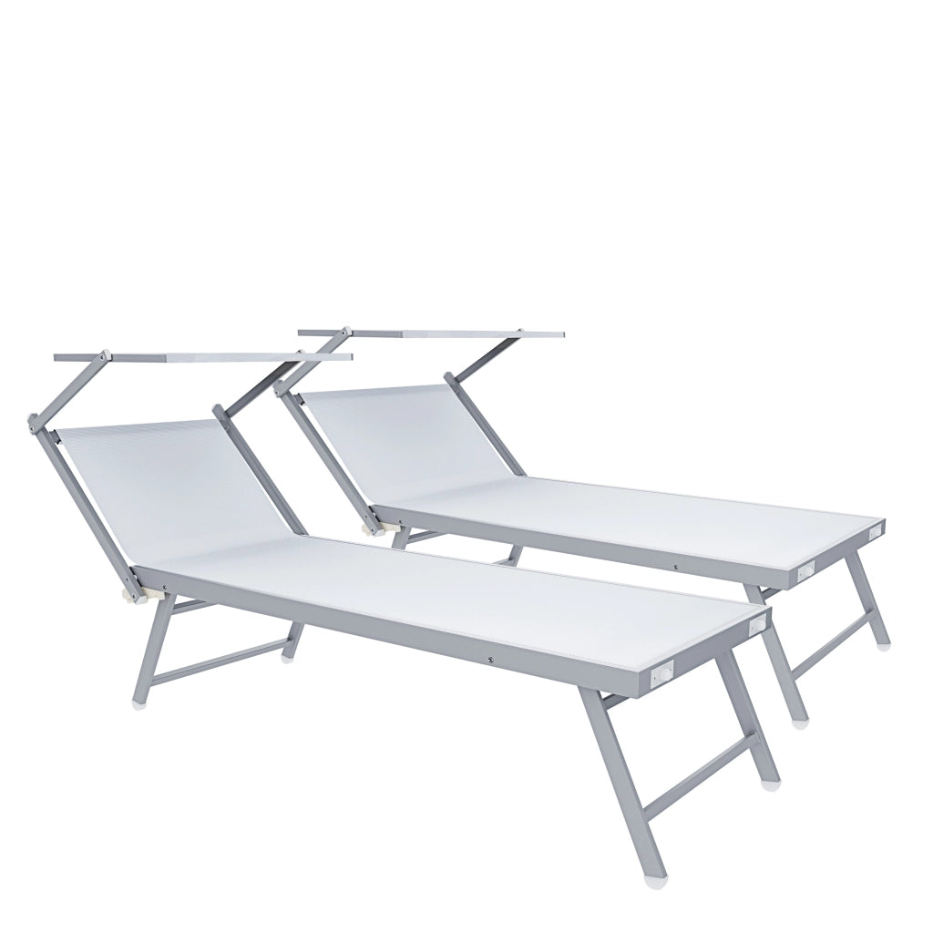 Set 2 Lettini Prendisole Pieghevoli Professionali In Alluminio Leggero Con Tettuccio Parasole Regolabile Sdraio Relax Mare Spiaggia Piscina Giardino Terrazza 182 x 60 x 38 Cm Bianco