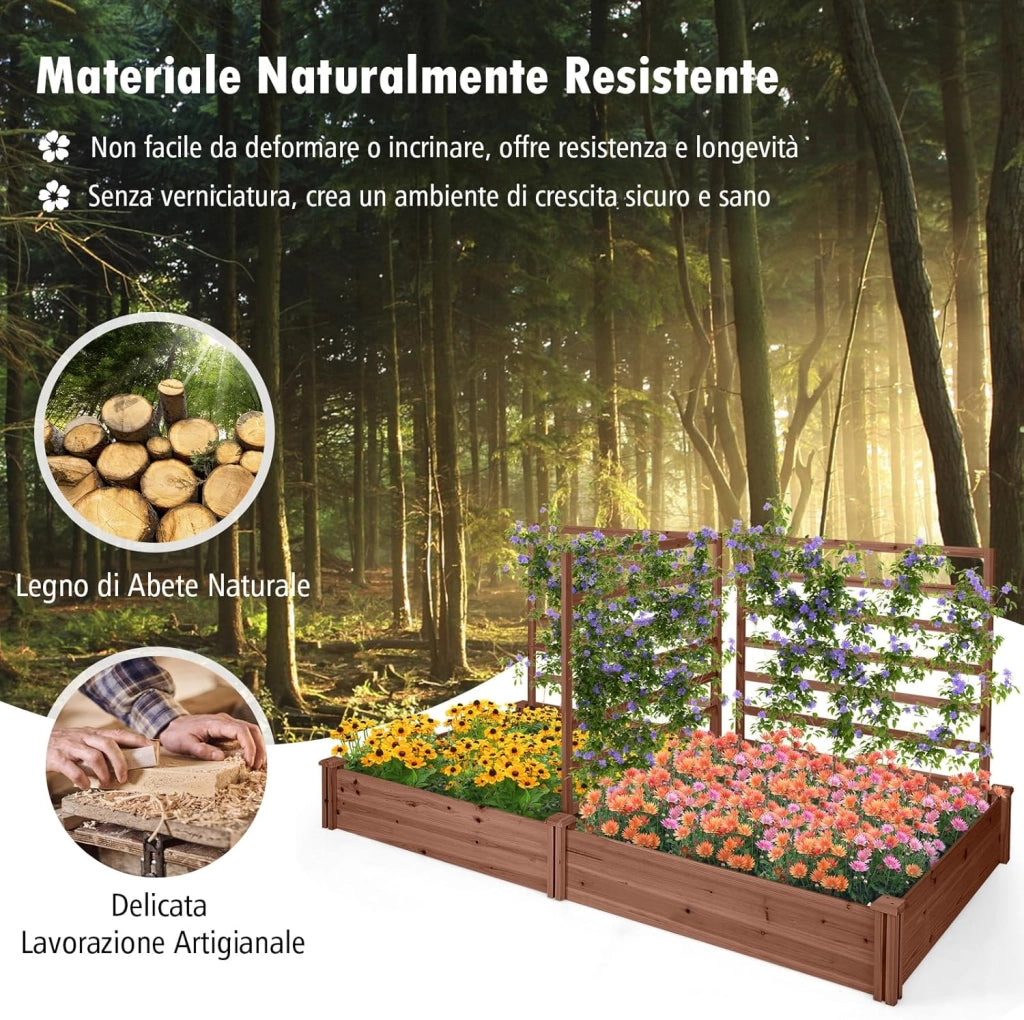 Letto Rialzato da Giardino con 2 Cassoni per Piantare e 3 Tralicci, Aiuola Rialzata da Giardino in Legno per Fiori, Erbe, Verdure, Frutta e Viti Rampicanti, 222 cm x 114 cm x 110 cm (Marrone)