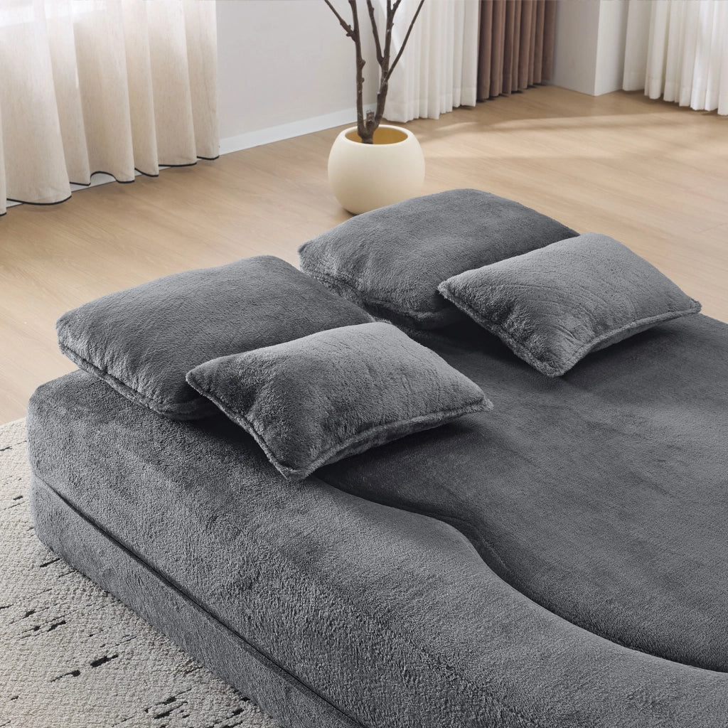 Divano letto futon pieghevole con 4 cuscini; schiuma ad alta densitÃ ; tessuto soffice blu grigio
