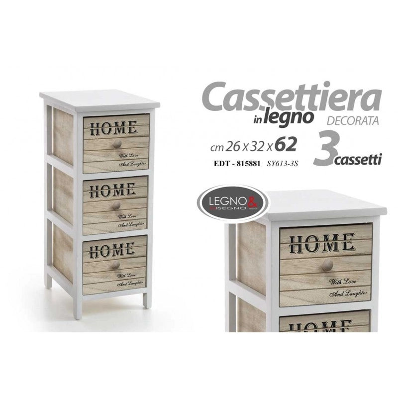Cassettiera Home in legno con decori 3 cassetti cm 26 x 32 x 62 h
