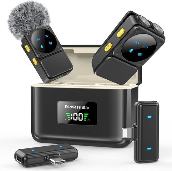 Set di Microfono Clip Miniadatto a Bluetooth con Ricevitore Duplice - Rilevamento Rumore Intelligente - Durata Batteria 48 Ore & 50 Metri di Portata Effettiva - Compatibile con iPhone+iPad+Dispositivi Android - Ideale per Registrazioni Video