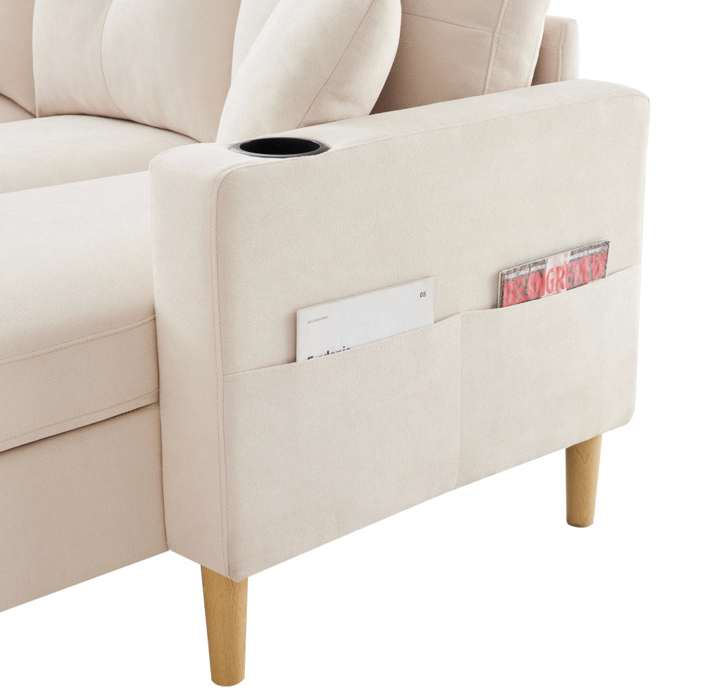 Divano angolare a L con chaise longue; contenitore e portabicchieri; 175x129x90 cm; beige