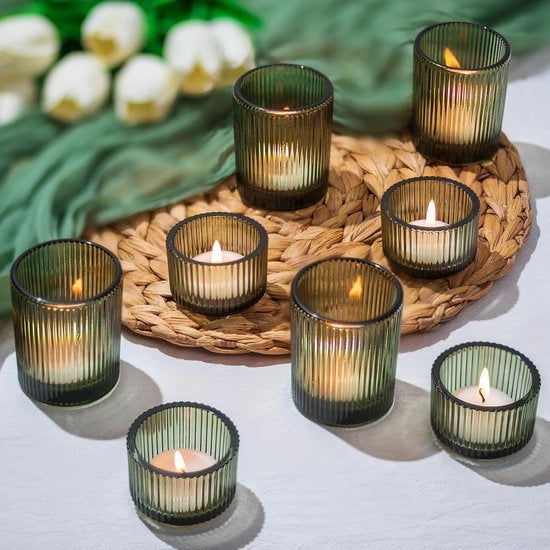 Set di sostenitori per candele in vetro di 8 pezzi - supporti per candele con decorazione a righe - decorativi per la tavola - adatti per feste - vetro resistente - design vintage - sostenitori per candele