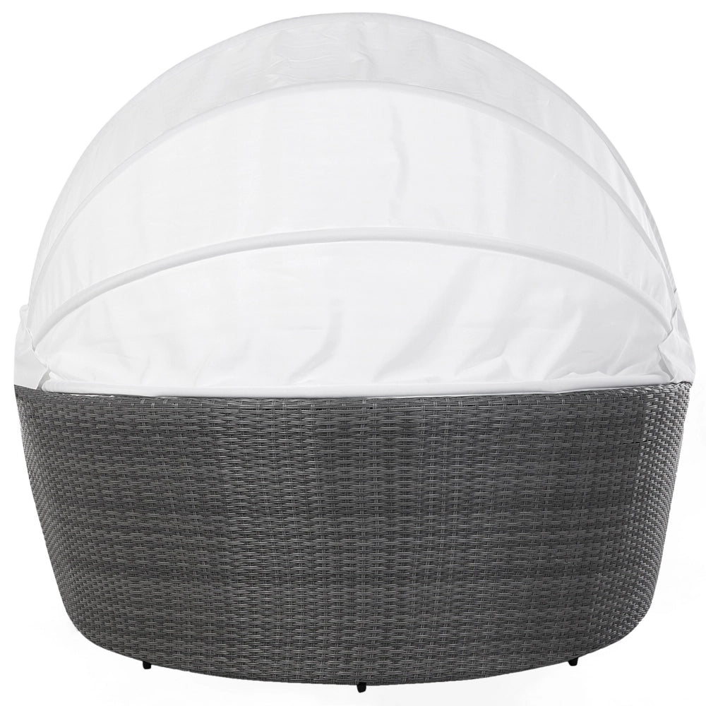 Lettino da giardino bianco e grigio finto rattan con cuscini Tavolino resistente alle intemperie
