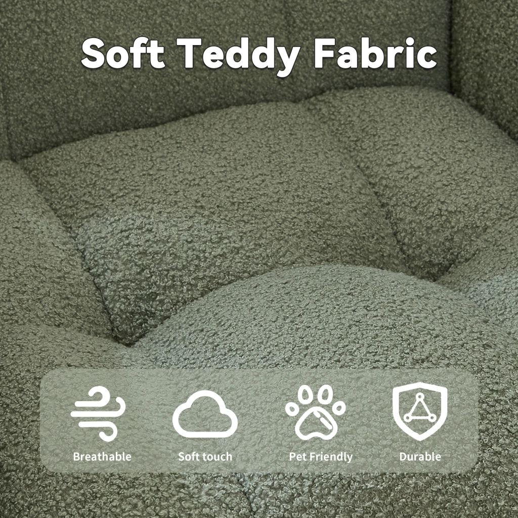 Poltrona a dondolo ergonomica con pouf, schienale avvolgente e braccioli, base in legno, in tessuto teddy verde