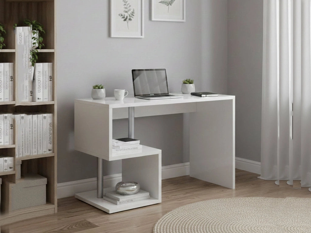 Acan, Scrivania 2 Ripiani Made in Italy, 100x50x78h cm Bianco Lucido