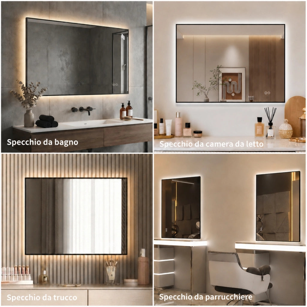 Specchio bagno led 50x70 cm retroilluminato con cornice in alluminio; antiappannamento