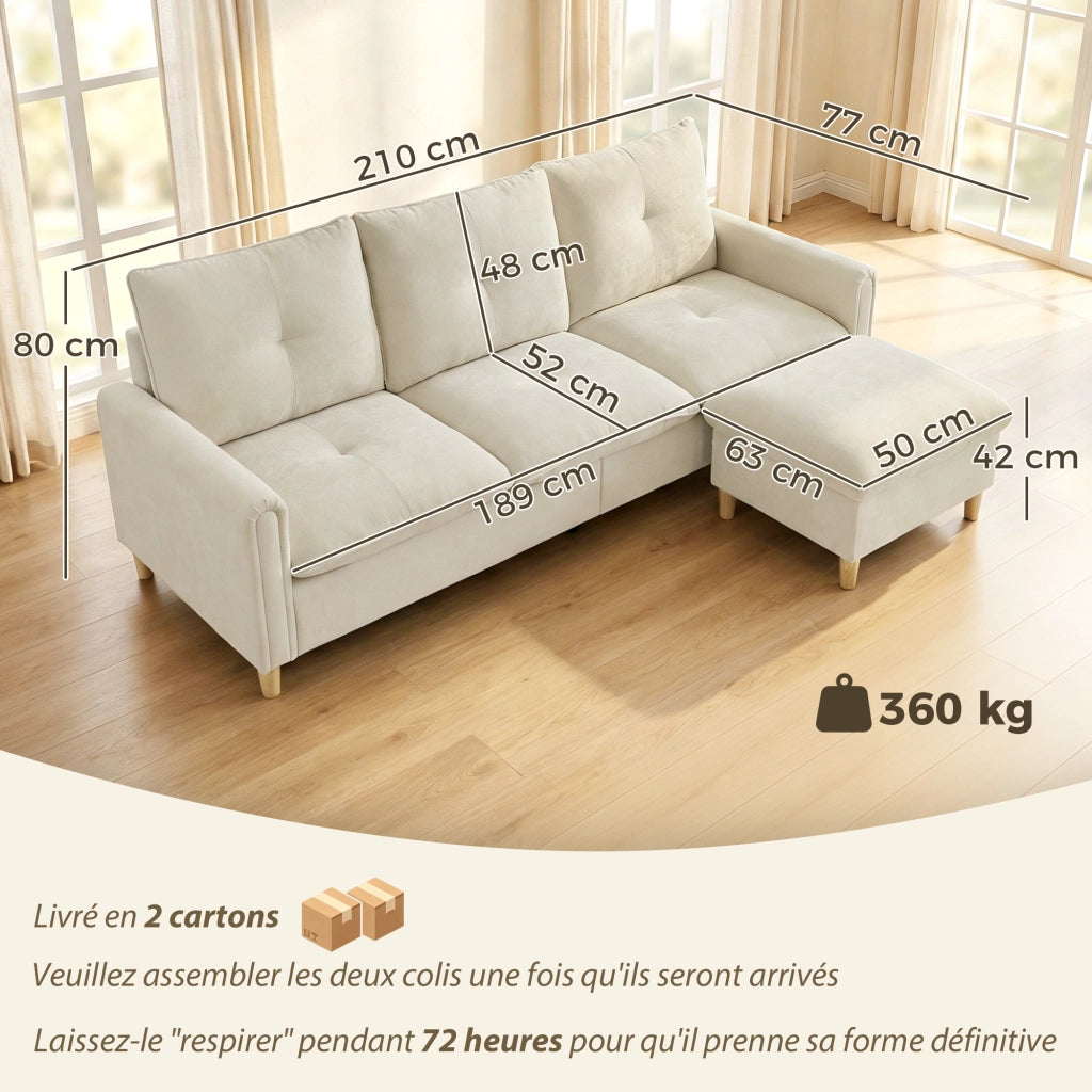 Divano angolare 3 posti con pouf contenitore ¨C Xylo ¨C tessuto effetto lino crema 210 cm