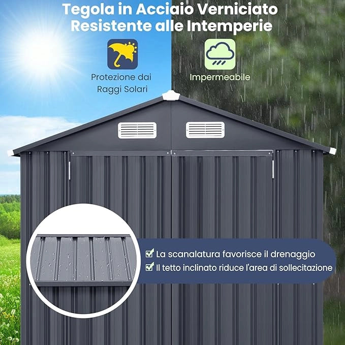 Capanno da Giardino 193 x 108 cm, in Metallo Zincato con 4 Prese d'Aria e Porte Bloccabili, Impermeabile e Resistente al Vento, Casetta da Esterno Porta Utensili per Cortile e Fattoria