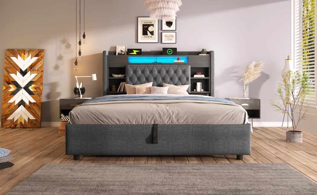 Letto contenitore matrimoniale 140 × 200 cm con LED, USB e Type-C, testiera con ripiani, senza materasso, grigio