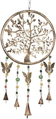 Mobile con Gong Sospeso con Campane, Perle e Farfalle - Metallo Riciclato Fairtrade - Gong Antiruggine - 65cm di Lunghezza - 25cm di Larghezza - Oro