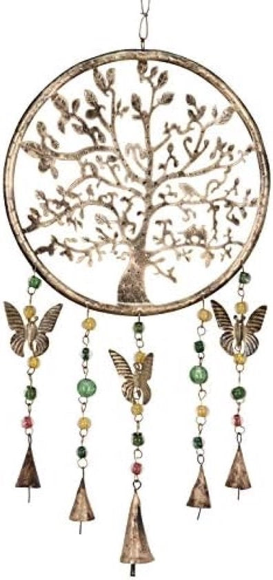 Mobile con Gong Sospeso con Campane, Perle e Farfalle - Metallo Riciclato Fairtrade - Gong Antiruggine - 65cm di Lunghezza - 25cm di Larghezza - Oro