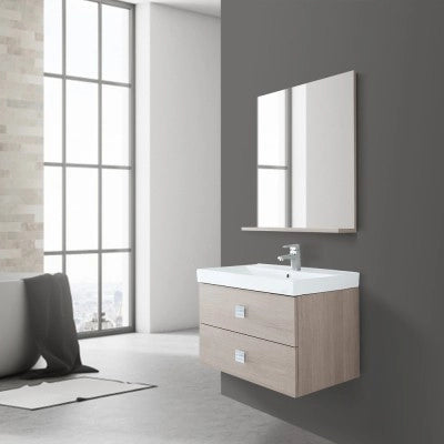 Mobile bagno sospeso 75x51 cm rovere chiaro con due cassetti completo di lavabo specchio e mensola Bravo
