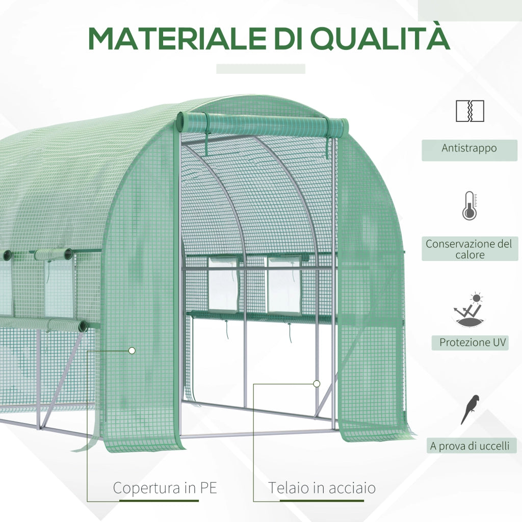 Serra per Orto 3x2x2m in Acciaio e Copertura PE, Porte con Zip e Finestre a Rete, Verde