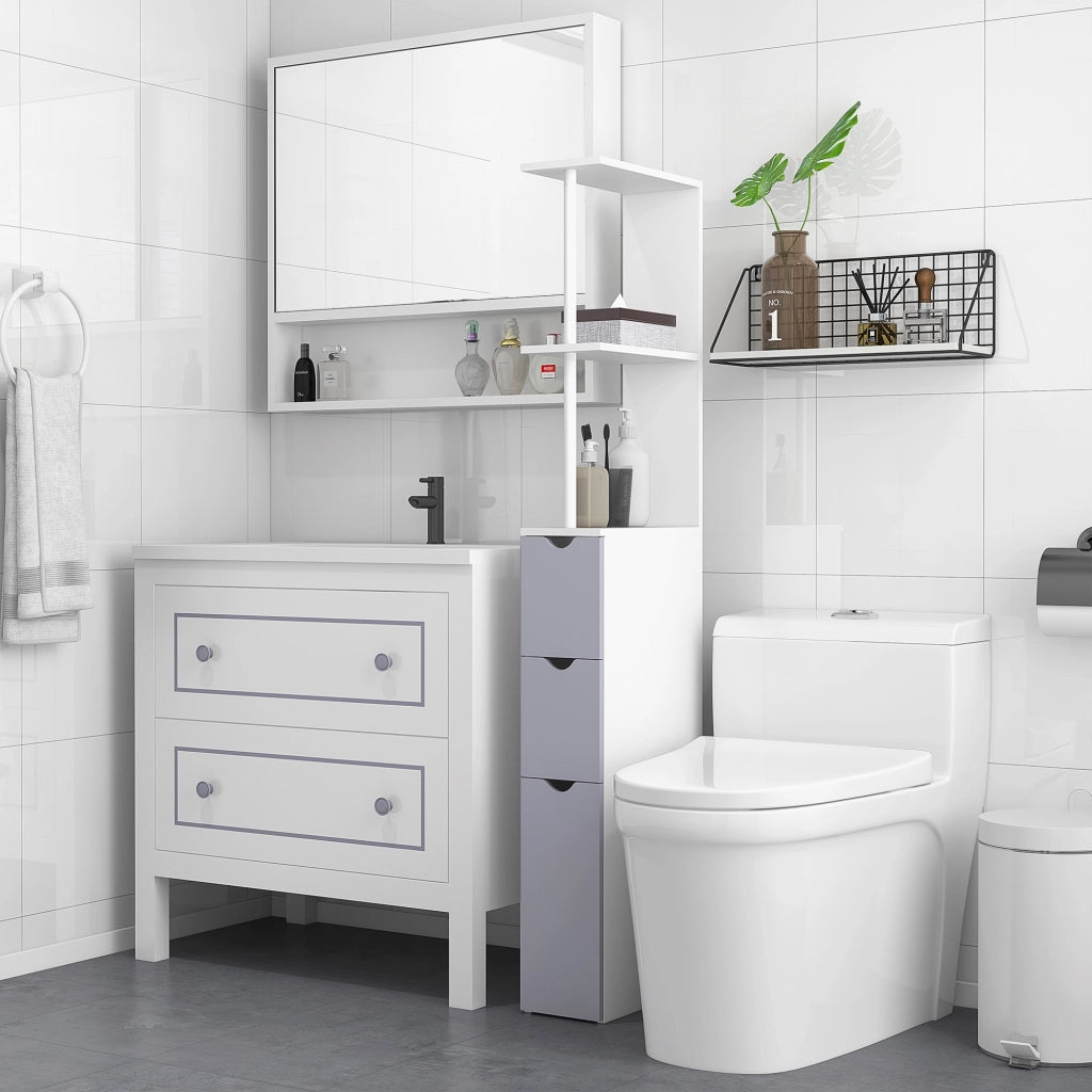 EasyComfort Colonna Bagno, Mobile Bagno Salvaspazio in Legno, Mobiletto con Armadietto, Ripiani e Cassetti, 15x33x136 cm, Grigio Chiaro