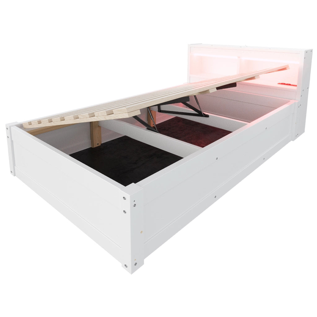 Letto multifunzionale 90x200 cm con contenitore idraulico, LED e presa integrata