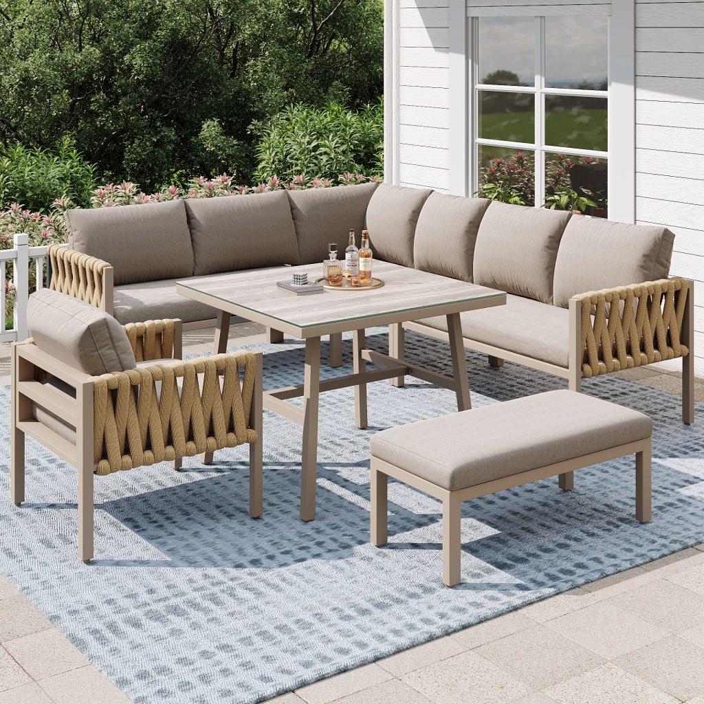 Set Divano Angolare da Giardino con Tavolino in Vetro ¨C MINIMAL ¨C Polyrattan Beige con Cuscini