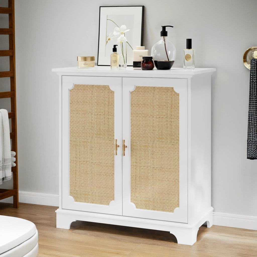 Credenza e madia con 2 ante in rattan, ripiano regolabile, in MDF e truciolare, per cucina e soggiorno, bianco, 80 × 38 × 86 cm