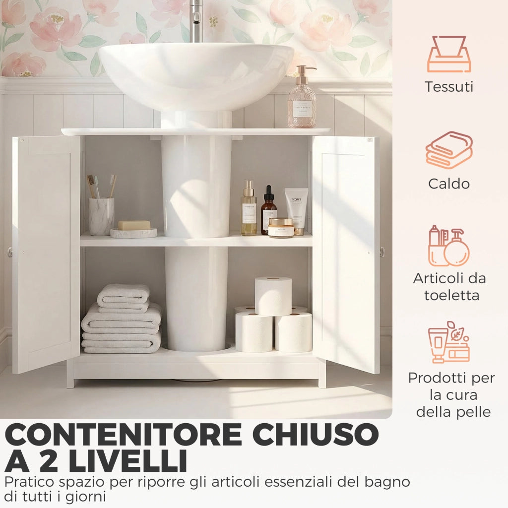 Mobile Sottolavabo a 2 Ante con Ripiano Regolabile e Intaglio a U, 60x30x60 cm, Bianco