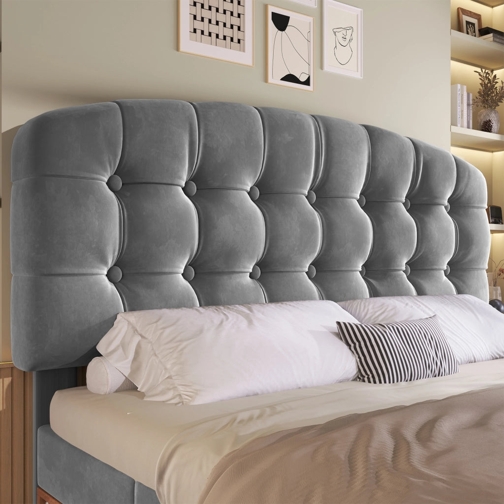 Letto contenitore 140 × 190 cm con testiera regolabile, cassetti e ripiani, senza materasso, in velluto grigio