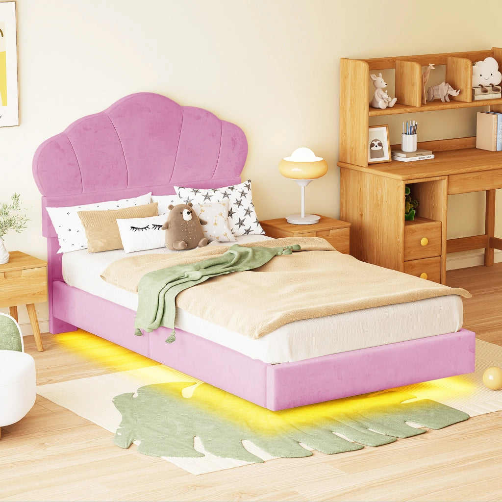 Letto imbottito per bambini con testiera a nuvola e LED, 90x200 cm, rosa