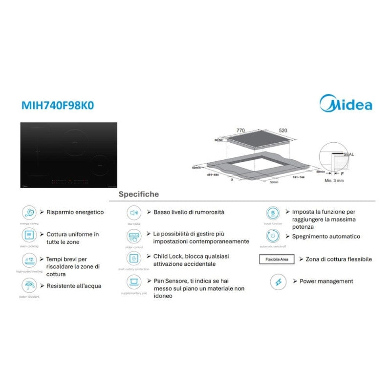 Piano cottura Midea ad induzione MIH740F98K0 77 cm 1 zona bridge colore nero