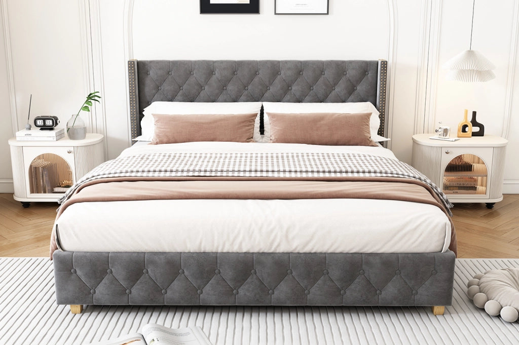 Letto imbottito in velluto grigio 180 x 200 cm con rete e testiera