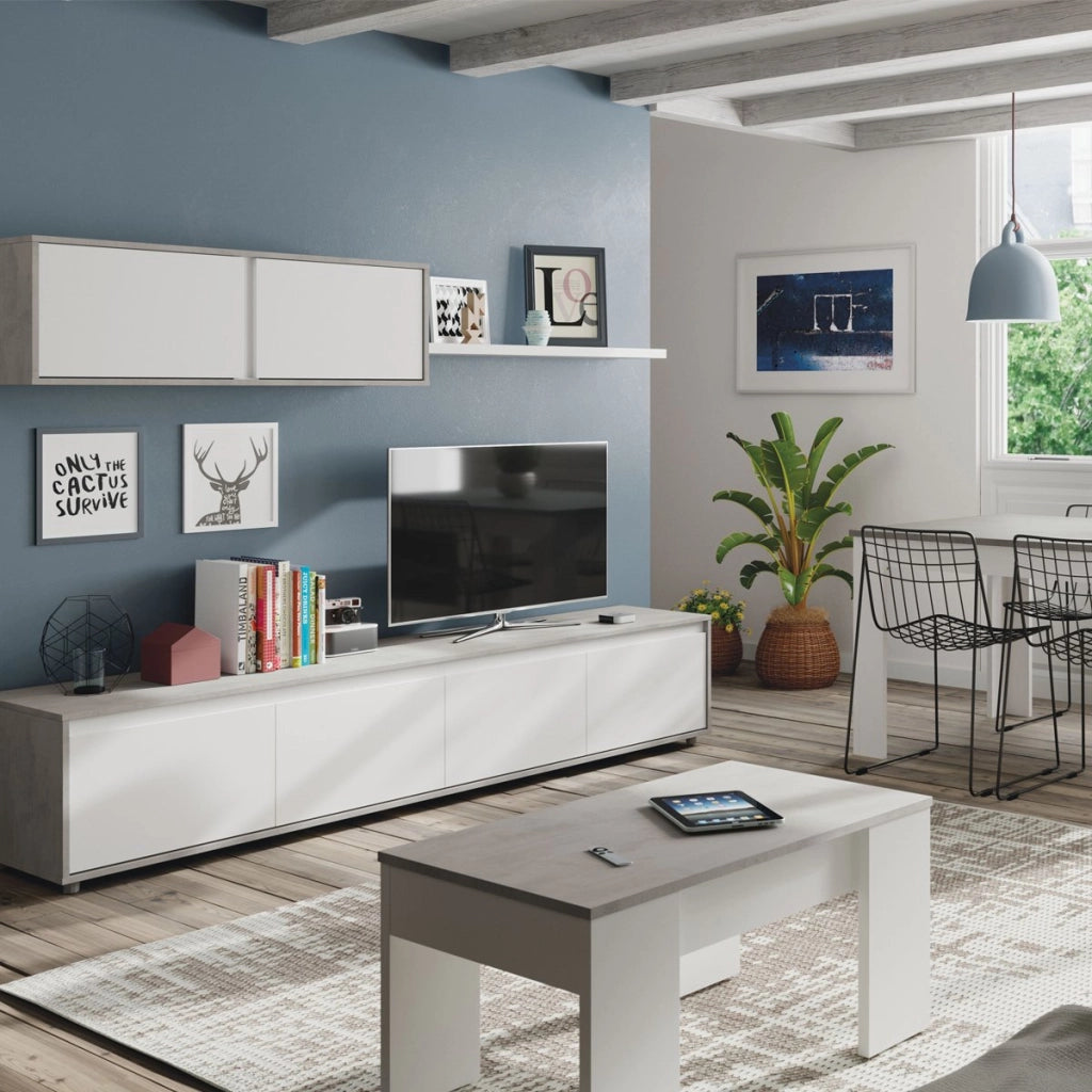 Tavolino da salotto Almas, Tavolino da caffè con piano elevabile, Tavolo basso da soggiorno, cm 100x50h45/56, Bianco e cemento