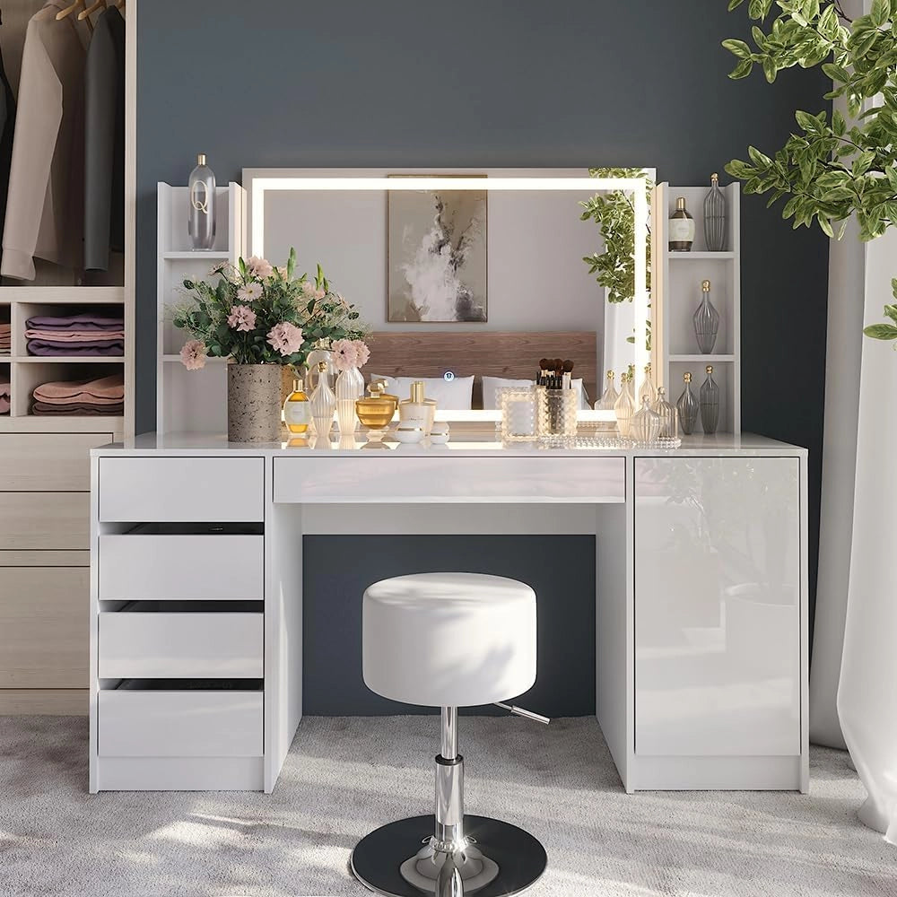 Tavolo da toeletta Sherry, Bianco/bianco lucido, 158.2 cm 5 parti