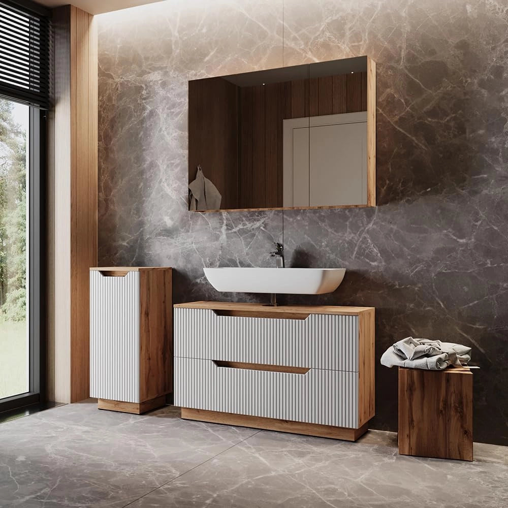 Set di mobili da bagno Lotta, Rovere/bianco a strisce, 3 parti
