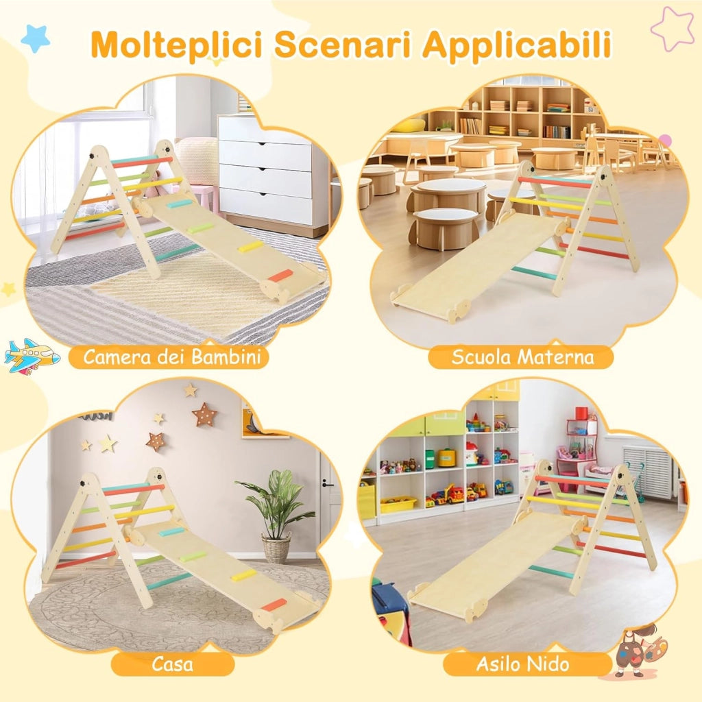 3 in 1 Set da Arrampicata per Bambini, Giocattoli da Arrampicata Triangolari Pieghevoli, Altezza Regolabili, con Scivolo/Rampe da Arrampicata, Carico 60 kg (Colorato)