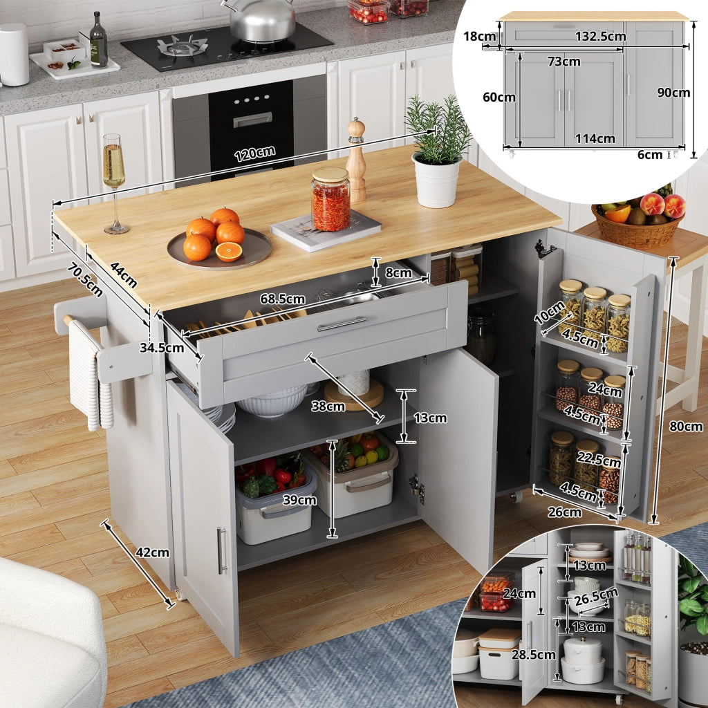 Carrello da Cucina con 2 Ante; 1 Cassetto; Ripiani Regolabili; Piano Pieghevole e Portasciugamani; 132.5x44x90 cm
