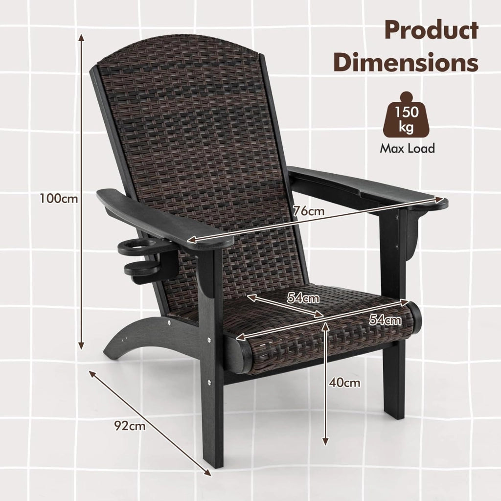 Sedia Adirondack da Patio, Sedia in Rattan con Seduta Imbottita, Braccioli Ergonomici, Porta Tazza Rotante, Poltrona da Lounge in HDPE per Esterni per Giardino, Cortile, Terrazza (Nero)