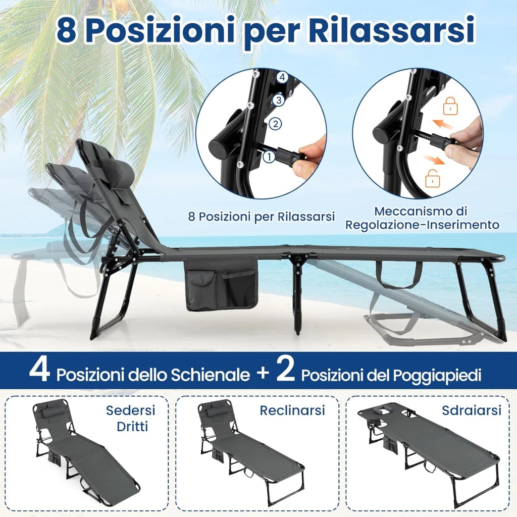 Lettino Prendisole da Spiaggia, Sdraio Mare Pieghevole Portatile con Foro per Viso e Braccia, Cuscino e Tasche Laterali, Schienale Regolabile 4 Posizioni, Portata 150 kg (Grigio)