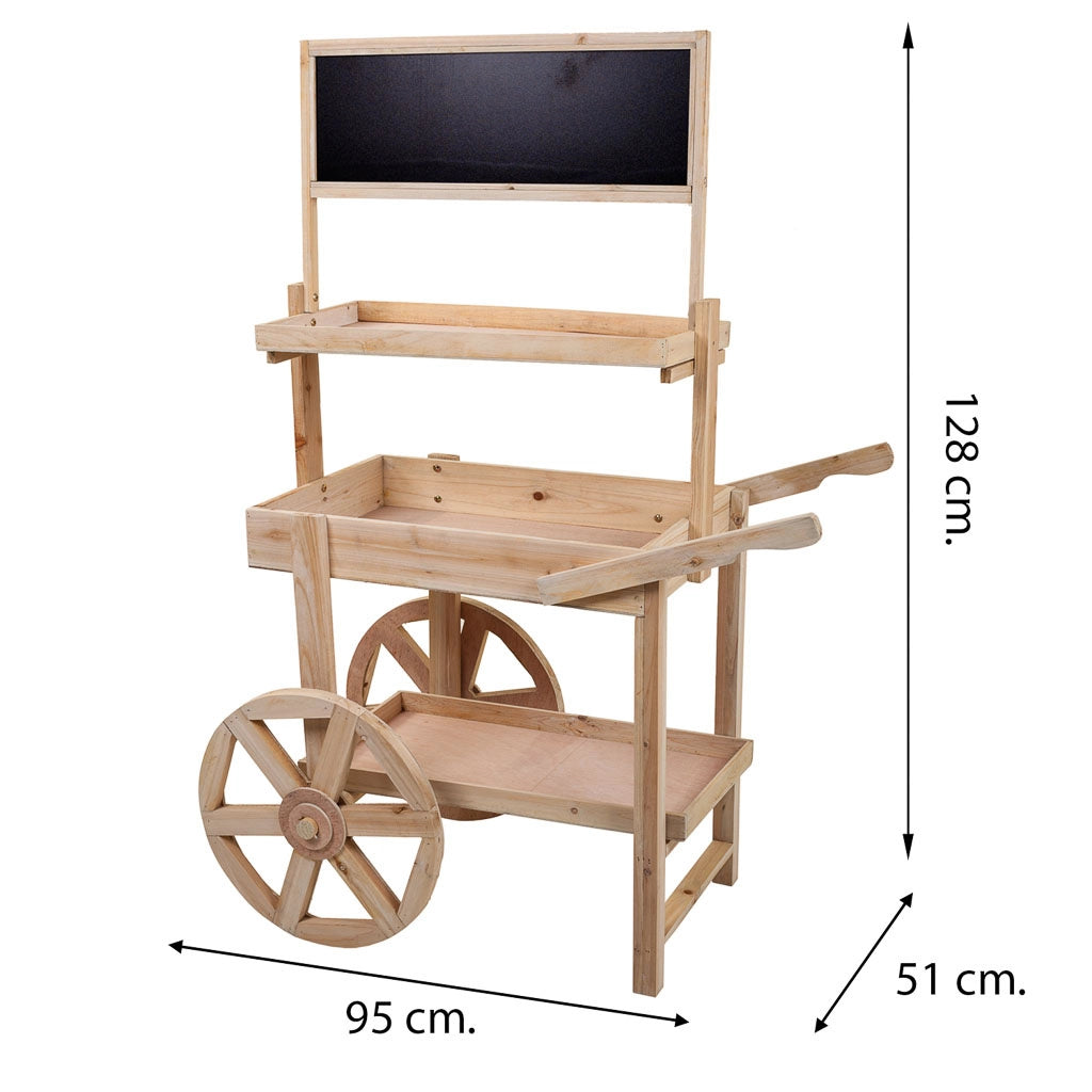 Carrello espositivo in legno marrone con lavagna 95x51x128h
