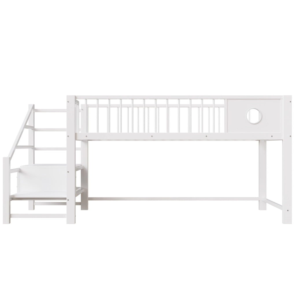 Letto a soppalco basso 90x200 cm con scala contenitore in metallo bianco
