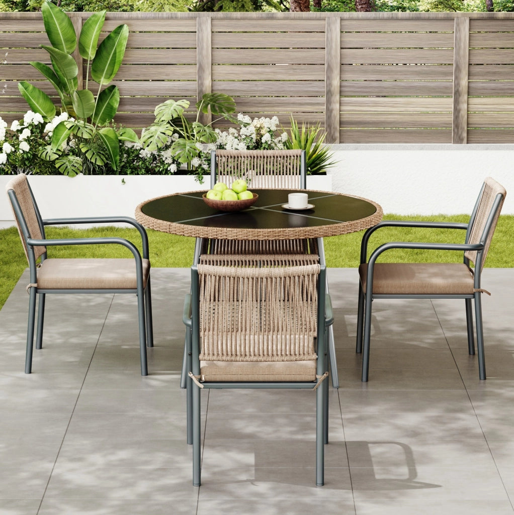 Set da giardino 5 pezzi con tavolo rotondo in vetro temperato e sedie in ferro; grigio