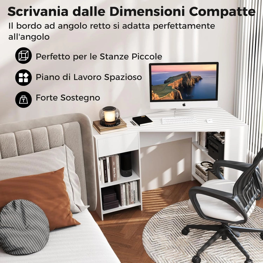 Scrivania ad Angolo per Computer 120 x 60 cm, Scrivania a Forma di L con Ripiani e Cassetto, Scrivania Angolare Gaming Salvaspazio per Ufficio, Studio e Cameretta, Bianco