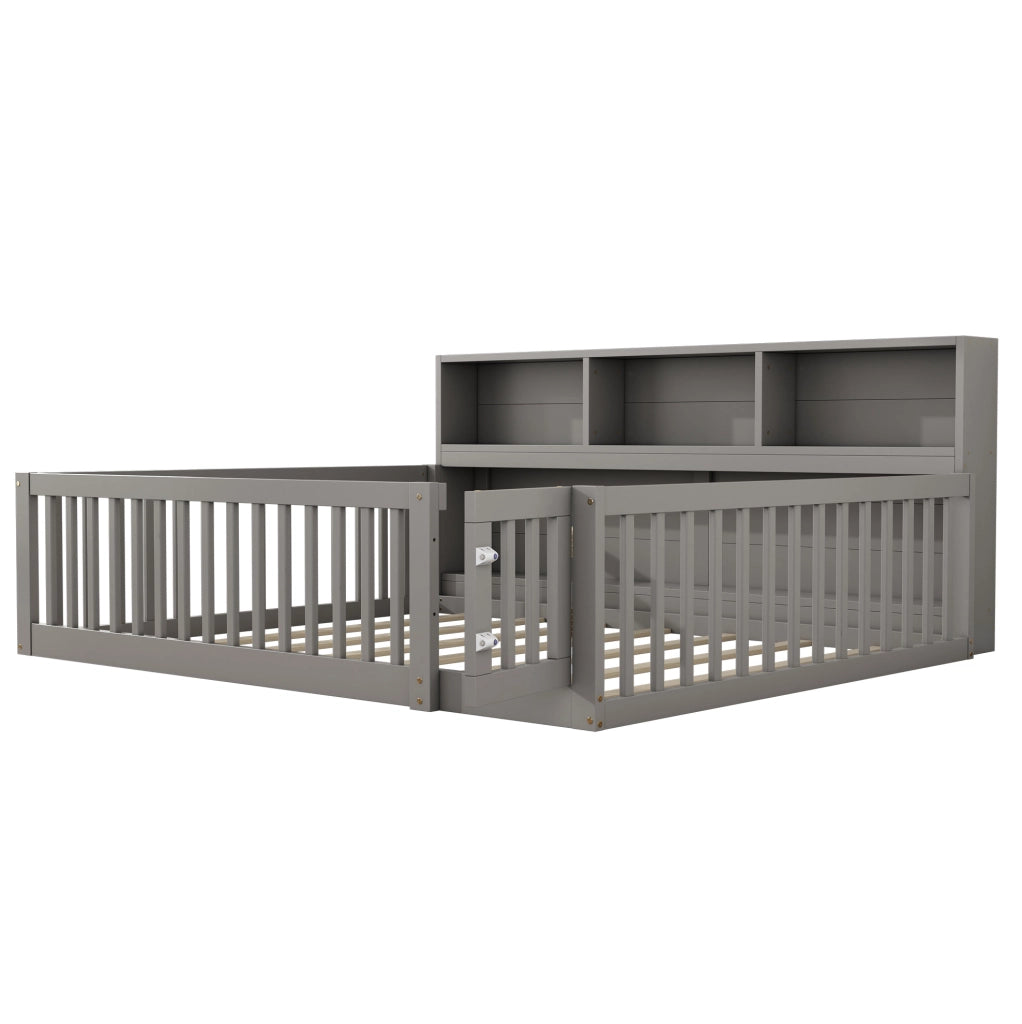 Letto daybed 205x164.5x87 cm con sponde di sicurezza e vani laterali in legno di pino e MDF grigio
