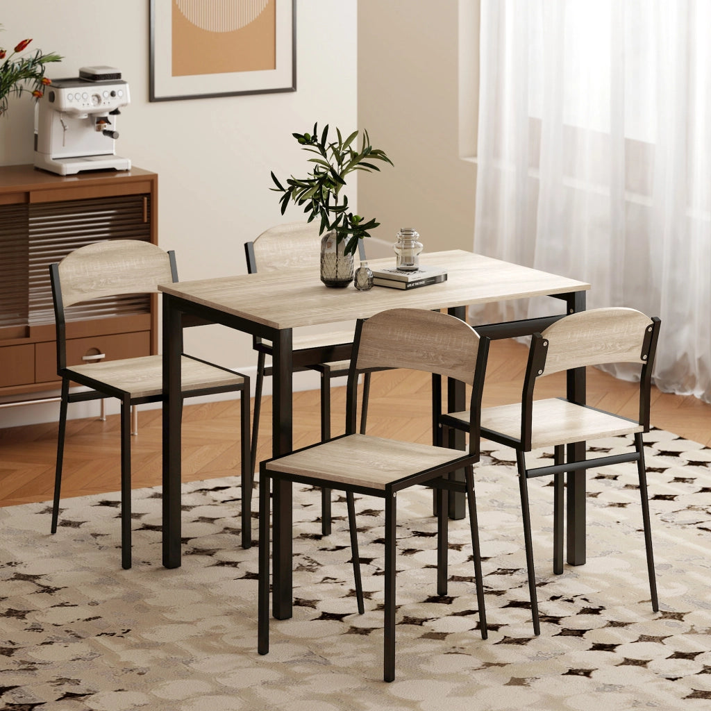 Set da Pranzo con Tavolo Rettangolare e 4 Sedie in Acciaio e MDF, Nero e Rovere
