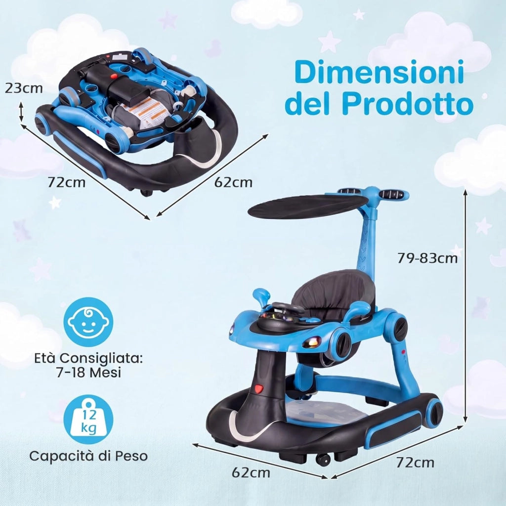 Girello per Bambini 6-in-1 Evolutivo, Centro Attività Pieghevole con Maniglia, Regolazione Altezza/Velocità, con Musica, Luci Tenda, per Neonati 6-18 Mesi (Nero+Blu)
