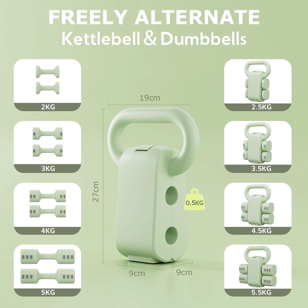 Set di 2 manubri regolabili 2 in 1, per donne e uomini, 4 livelli di peso con adattatore kettlebell, set di manubri per casa (Verde)