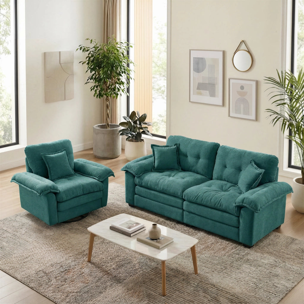 Divano set 2 pezzi in ciniglia con seduta profonda e cuscini decorativi per soggiorno e ufficio verde