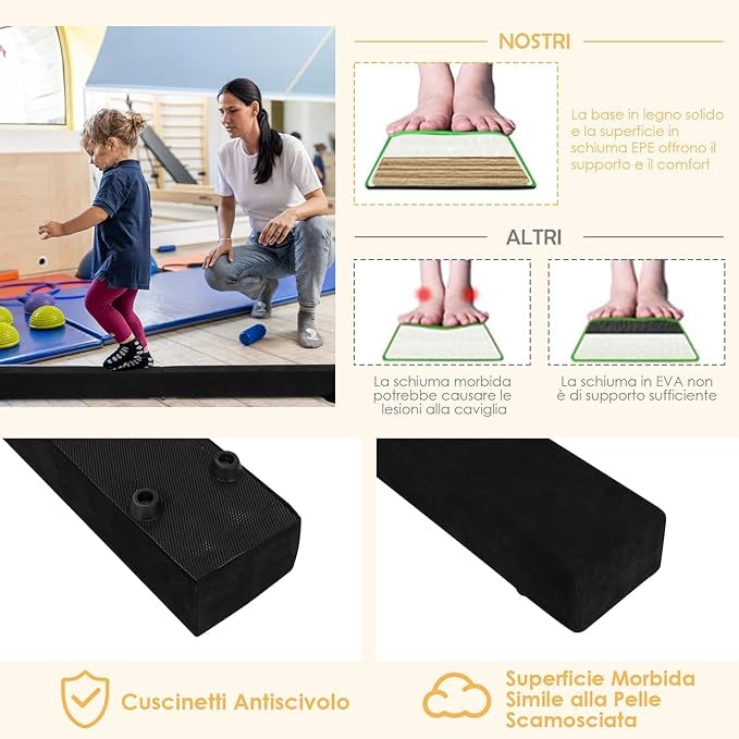 Trave da Ginnastica 210 cm Pieghevole per Bambini, Trave di Equilibrio Portatile con Maniglie, Base Solida di Legno e Parte Inferiore Antiscivolo